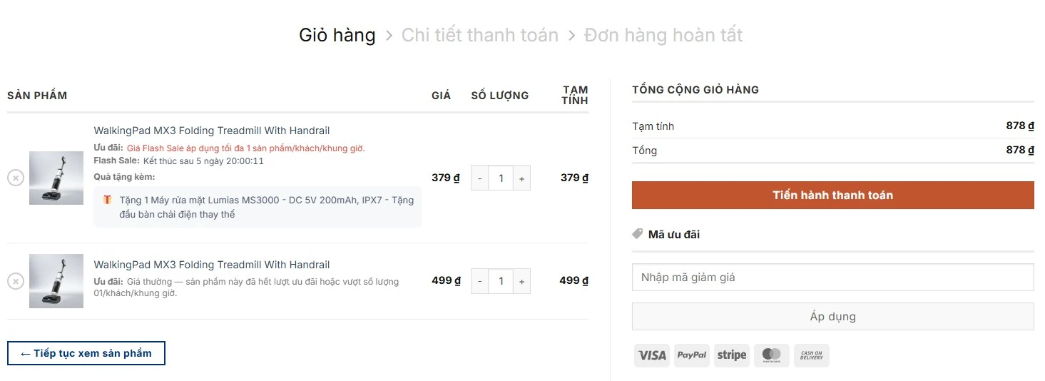 Flash Sale, thông tin quà tặng hiển thị trên trang giỏ hàng