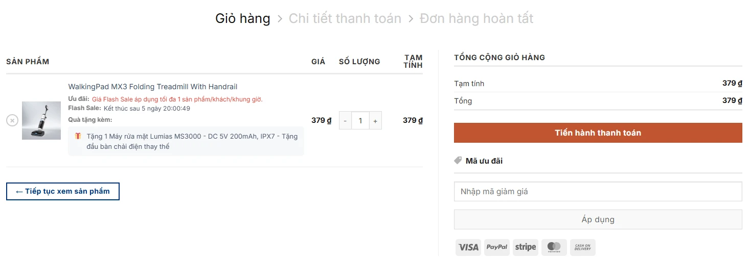 Flash Sale, thông tin quà tặng hiển thị trên trang giỏ hàng